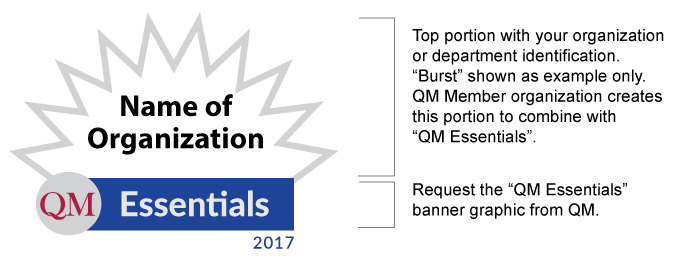 QM Essentials banner beneath an example of a branded element for an organization. The graphic shows how QM can be referenced in a graphic showcasing Internal Review achievements.