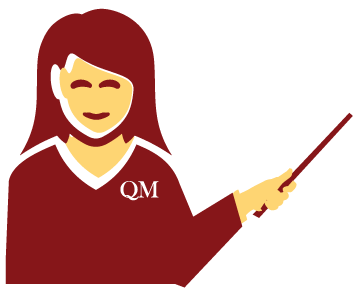 Woman wearing QM sweatshirt and holding a pointer