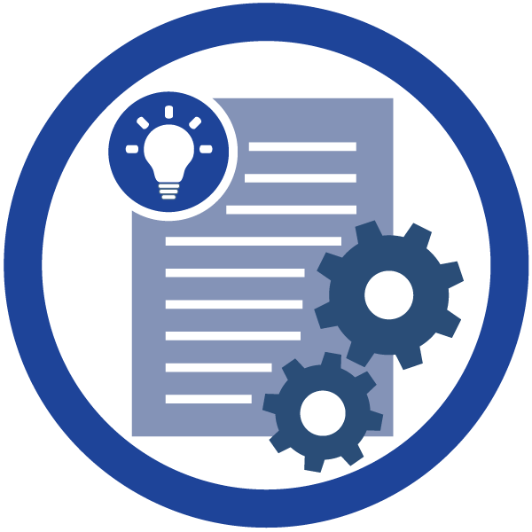 circle with document, lightbulb and gears inside