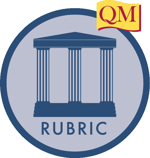 Higher Ed APPQMR icon, blue circle with three pillared building and word rubric