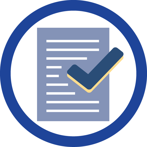 blue circle with document and checkmark inside