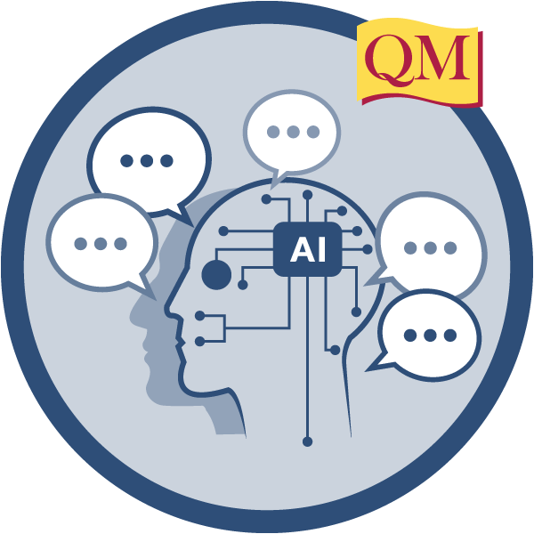 conversation bubbles surrounding head with AI circuits inside brain