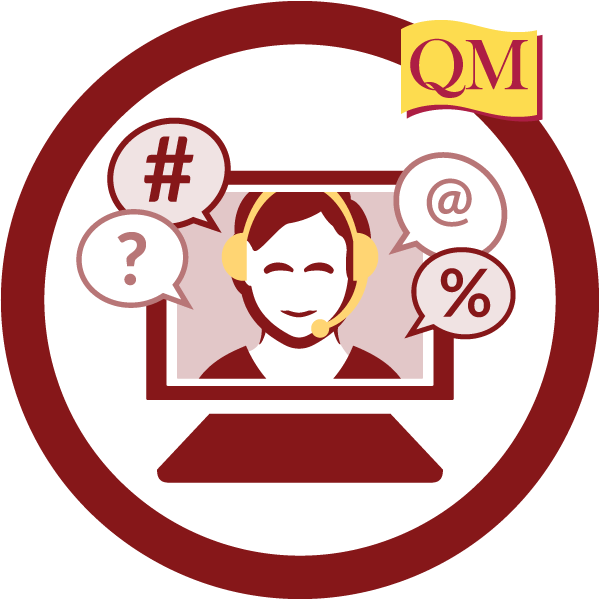 circle with QM logo that contains a monitor surrounded by icons