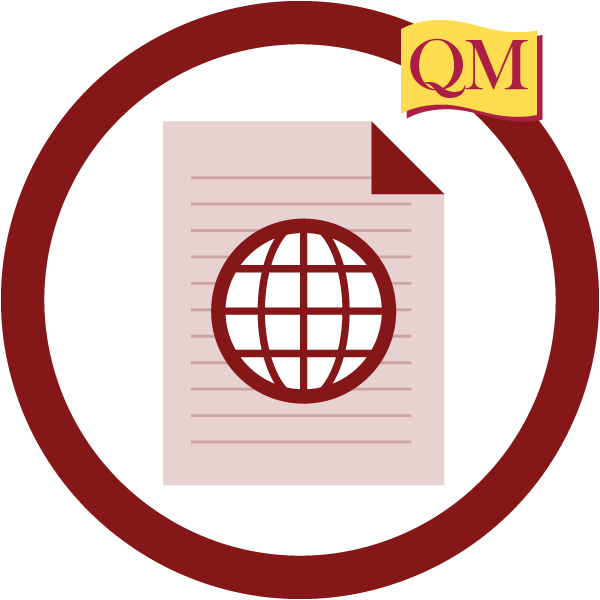 circle with QM logo that contains an icon depicting a document with a globe
