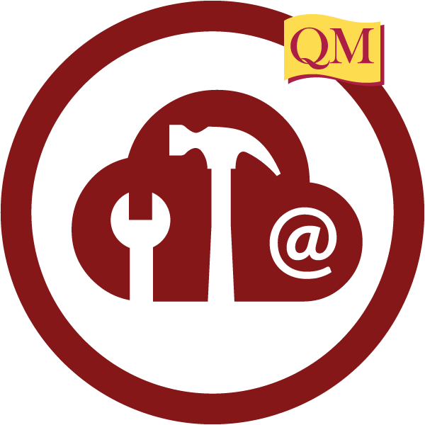 circle with QM logo that contains a cloud icon with wrench, hammer and at symbol inside it