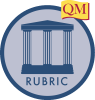 Higher Ed APPQMR icon, blue circle with three pillared building and word rubric