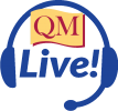  blue headphones with Live! in the center the QM logo abov the text