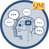 conversation bubbles surrounding head with AI circuits inside brain